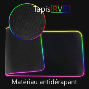 Tapis de souris et clavier RGB noir à LED, avec une base en caoutchouc naturel antidérapant