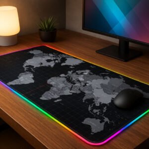 Setup de bureau moderne avec tapis de souris RGB carte du monde, souris gaming noire, écran LED et décoration végétale.