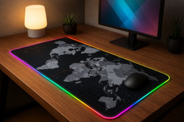Setup de bureau moderne avec tapis de souris RGB carte du monde, souris gaming noire, écran LED et décoration végétale.