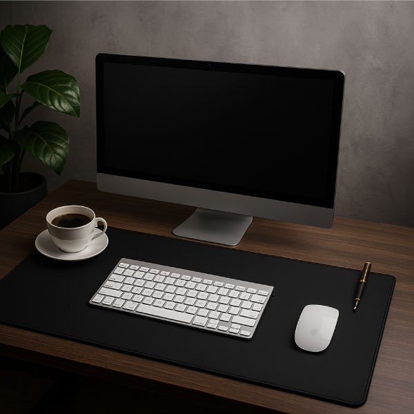 Bureau moderne avec tapis de souris XXL noir, clavier sans fil, souris, ordinateur et tasse de café.