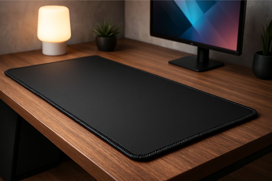 Des tapis de souris pour tous les goûts et toutes les occasions Bureau en bois avec tapis noir, lampe allumée, deux plantes en pot et écran affichant un fond géométrique coloré.