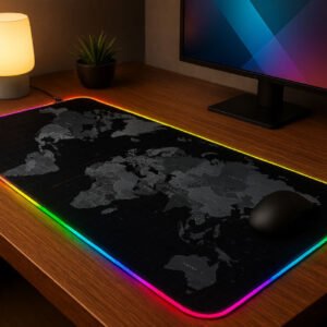 Setup de bureau moderne avec tapis de souris RGB carte du monde, souris gaming noire, écran LED et décoration végétale plus lumière.