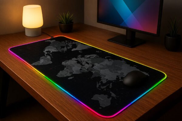 Setup de bureau moderne avec tapis de souris RGB carte du monde, souris gaming noire, écran LED et décoration végétale plus lumière.