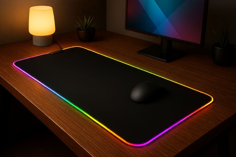 Des tapis de souris pour tous les goûts et toutes les occasions Setup de bureau moderne avec tapis de souris RGB lumineux, souris sans fil noire, écran LED coloré, plantes décoratives et lampe d’ambiance sur bureau en bois.