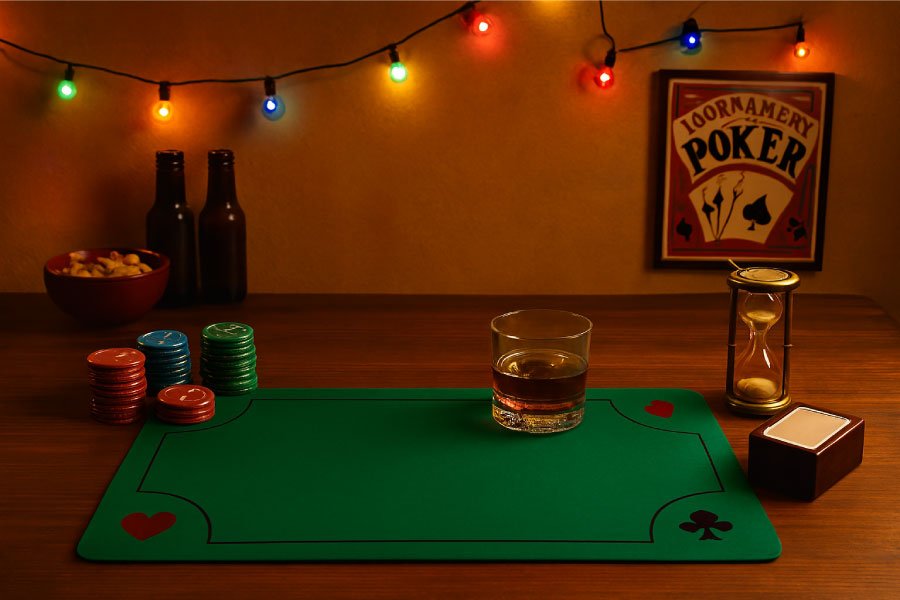 Setup de poker convivial avec tapis de jeu de carte vert, jetons colorés, verre de whisky et ambiance festive