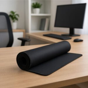 Tapis de souris XXL noir sur bureau avec ordinateur, clavier et souris.