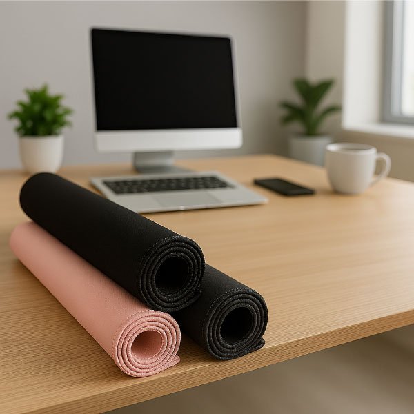 Des tapis de souris pour tous les goûts et toutes les occasions Trois tapis de souris roulés — noir, gris et rose — posés sur un bureau en bois, accompagnés d’un ordinateur, d’un smartphone, d’une tasse et de plantes décoratives.