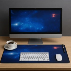 Setup de bureau moderne avec tapis de souris XXL à thème spatial, écran affichant une galaxie, clavier blanc, souris blanche, tasse de café et accessoires sur un bureau en bois clair.