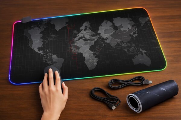 tapis de souris gamer LED avec carte du monde rétroéclairée sur bureau en bois