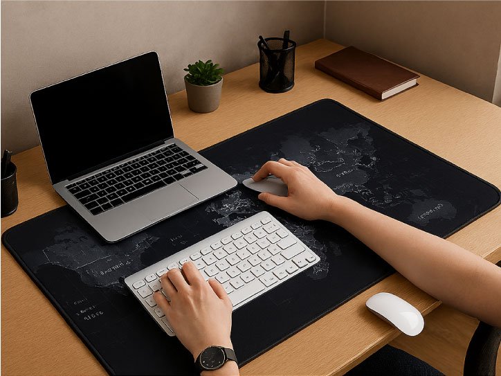 Tapis de souris XXL carte du monde noir avec clavier sans fil, souris et ordinateur portable sur bureau en bois.
