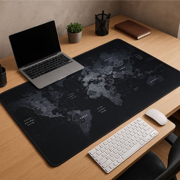 Des tapis de souris pour tous les goûts et toutes les occasions Setup étudiant minimaliste avec tapis de souris carte du monde, clavier sans fil et ordinateur portable.