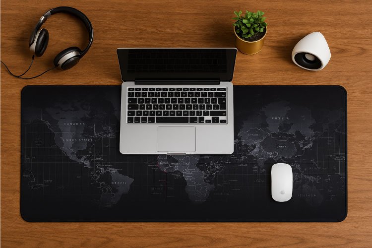 Desk pad carte monde noir sur bureau en bois avec ordinateur portable et accessoires.