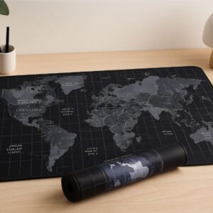 Tapis de souris carte du monde XXL noir pour bureau moderne avec ordinateur portable.
