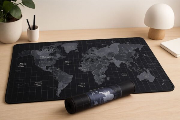 Tapis de souris carte du monde XXL noir pour bureau moderne avec ordinateur portable.