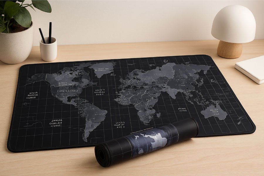 Des tapis de souris pour tous les goûts et toutes les occasions Tapis de souris carte du monde XXL noir pour bureau moderne avec ordinateur portable.