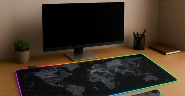 Tapis de souris XXL noir avec carte du monde imprimée et éclairage RGB, accompagné d’un câble USB et d’une version enroulée.