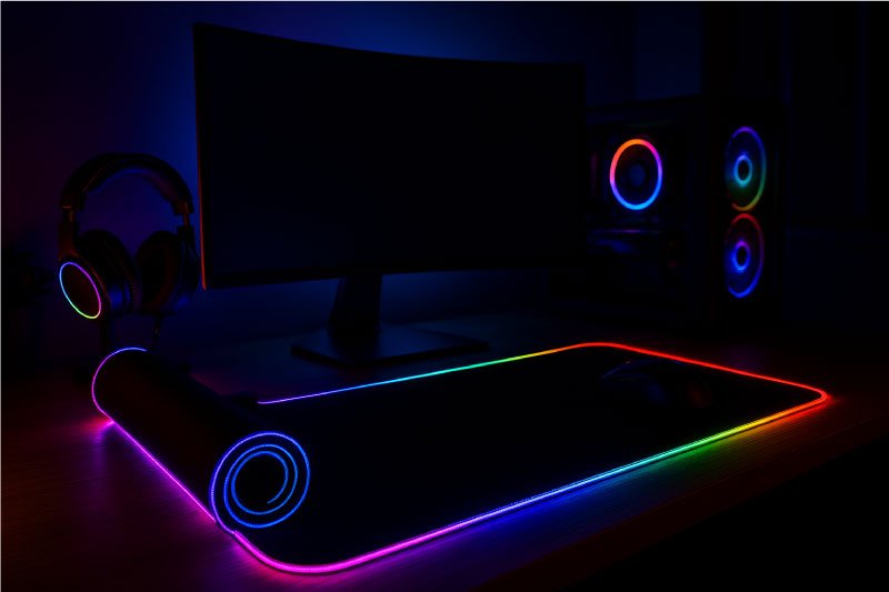 Tapis de souris LED de couleur noire dans une pièce sombre avec éclairage RGB : écran éteint, casque suspendu, tapis de souris lumineux et tour PC avec ventilateurs RGB.