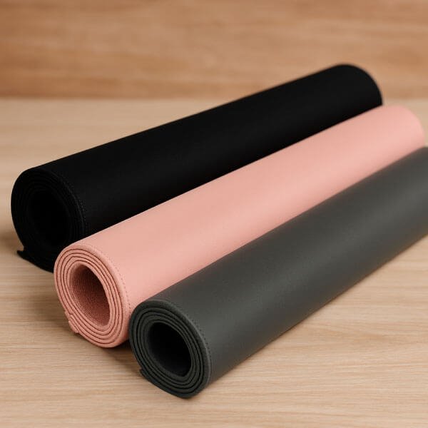 Des tapis de souris pour tous les goûts et toutes les occasions Trois tapis XXL de souris enroulés — noir, rose et gris — alignés sur une surface en bois.