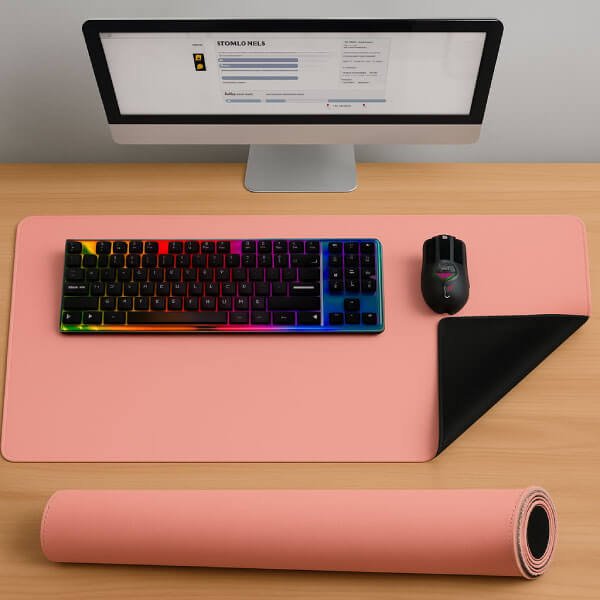 Des tapis de souris pour tous les goûts et toutes les occasions Setup informatique avec écran affichant une page web, clavier mécanique coloré, souris gaming noire et tapis de souris rose partiellement déroulé.